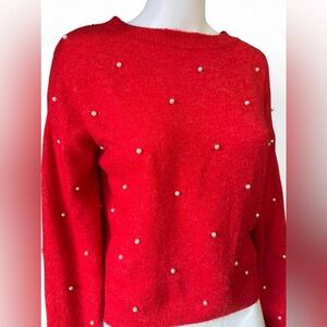 H&M Red Crewneck Sweater with Pearl Accents